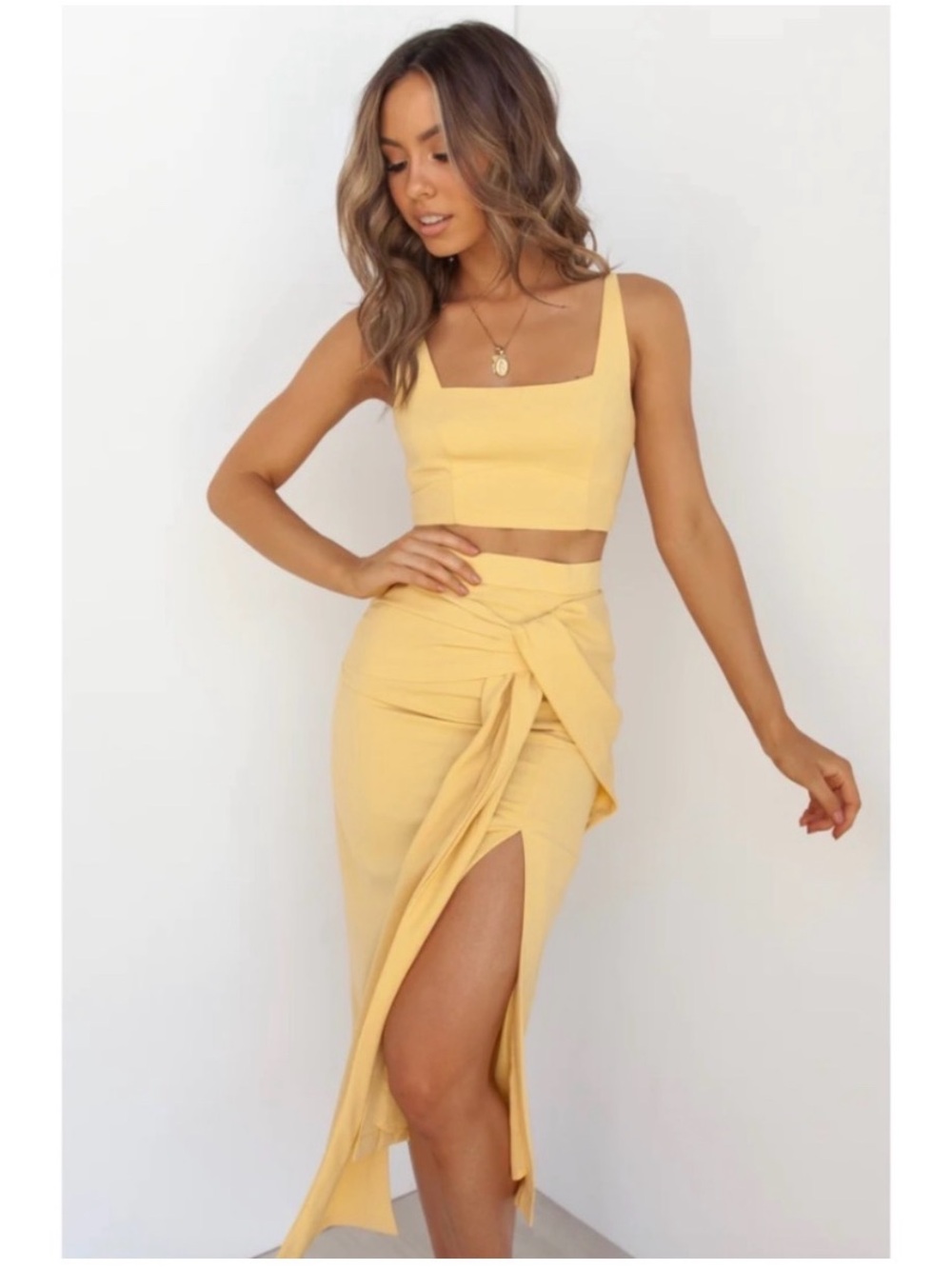 SNDYS Yellow Tie-Front High-Slit Midi Skirt & crop top set - Women